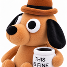 Close-up of the This Is Fine dog plush face, bowler hat and white THIS IS FINE mug