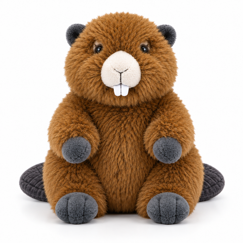 22cm realistic beaver plush front view with white teeth and grey paws