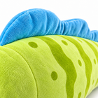 Green sea eel plush macro close-up of the blue ruffled dorsal fin and soft striped plush fabric