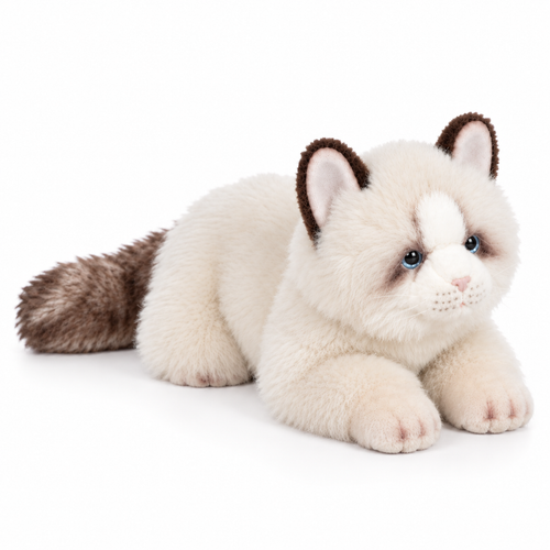 19cm plush cat doll three-quarter view facing right, cream fur and brown striped tail