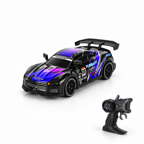GTR four wheel drive RC drift car with its remote controller on a white studio floor
