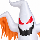 Close-up of the 12FT inflatable ghost head with red angry eyes, black jagged mouth and orange fringe
