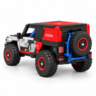 Rear three-quarter view of the 438PCS off-road rally SUV brick model with spare wheel and blue bracket
