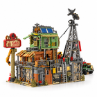 Rear view of the 2043PCS doomsday gas station brick set showing back walls, fortifications and radio tower