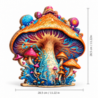 Fly agaric mushroom wooden jigsaw puzzle size view, 28.5 cm / 11.22 in wide and tall