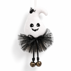 White ghost Halloween plush hanging ornament with black tulle skirt and bells