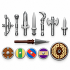 Included Viking accessories: bow, mace, swords, axe, hook, spear and five round shields
