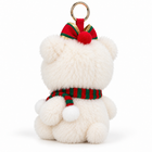 Cream white Christmas bear plush pendant with striped scarf and bow, back view with gold ring