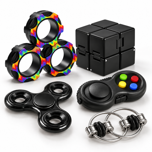 5pc sensory fidget toy set: rainbow magnetic rings, infinity cube, fidget pad, spinner and flippy chain