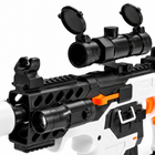 Close-up of the Viktor Short Sword blaster scope with flip caps, rail handguard, flashlight and orange charging handle