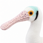 Close-up of the heron plush head with lilac spotted spoon-shaped beak and orange eye ring