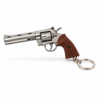 Matt Silver miniature alloy revolver keychain, studio product view.