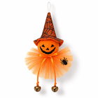 Pumpkin witch Halloween plush hanging ornament with orange tulle skirt and bells