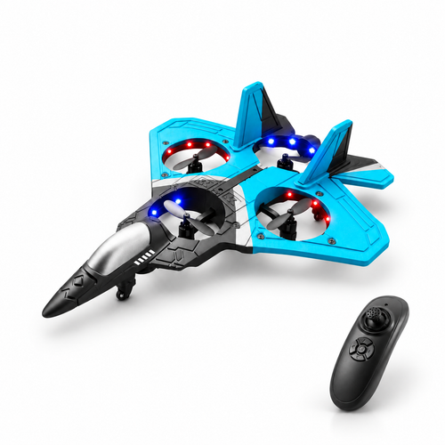 V17 RC stunt jet with its remote controller on a white studio floor