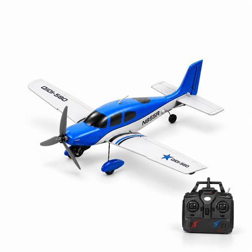 QIDI 580 SR22 RC airplane with its remote controller on a white studio floor