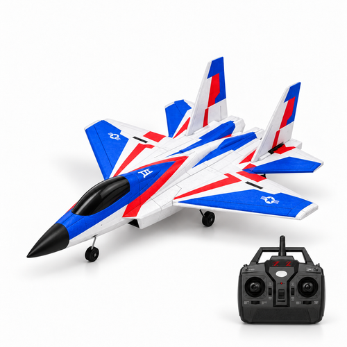BM22 F22 RC fighter jet with its remote controller on a white studio floor