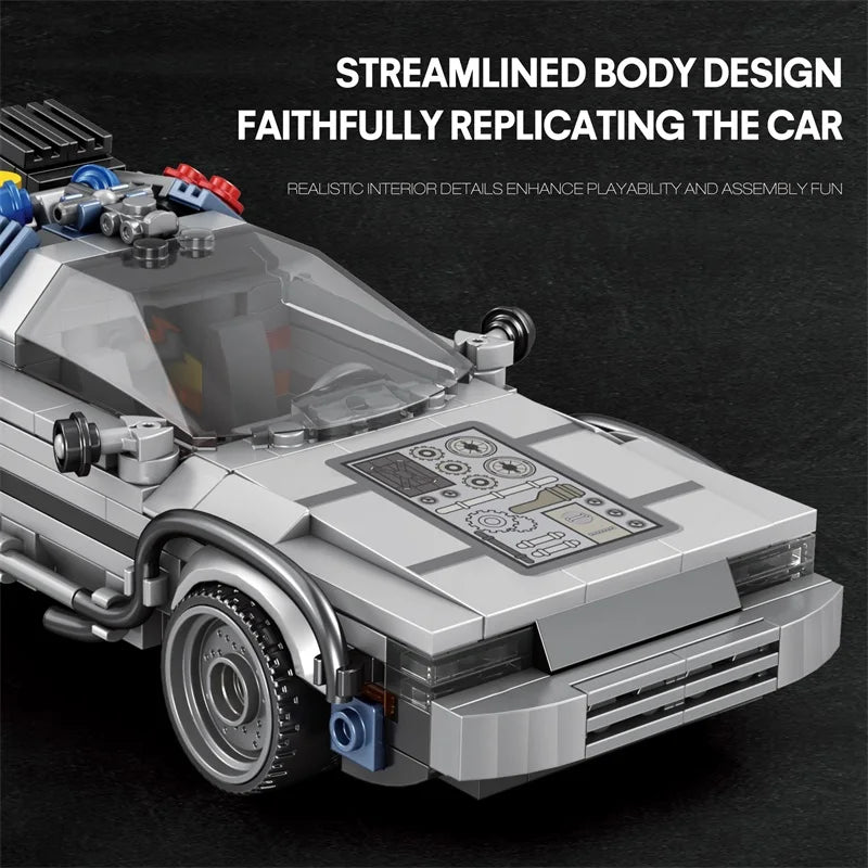 Model of a car with text about its design and features on a dark background