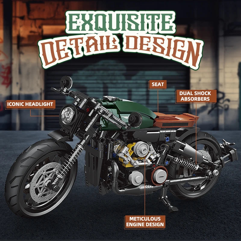 Motorcycle model with labeled features against a blurred garage background