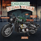 Motorcycle model with labeled features against a blurred garage background