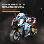 Toy motorcycle model on a dark background with text about building blocks.