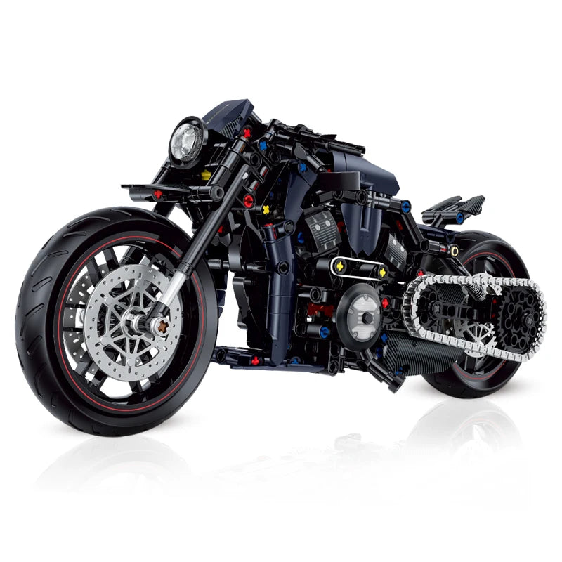 Black motorcycle model made of interlocking bricks on a white background