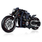 Black motorcycle model made of interlocking bricks on a white background