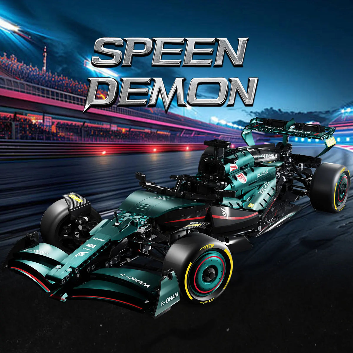 Formula 1 car on a racetrack with 'Speen Demon' text above