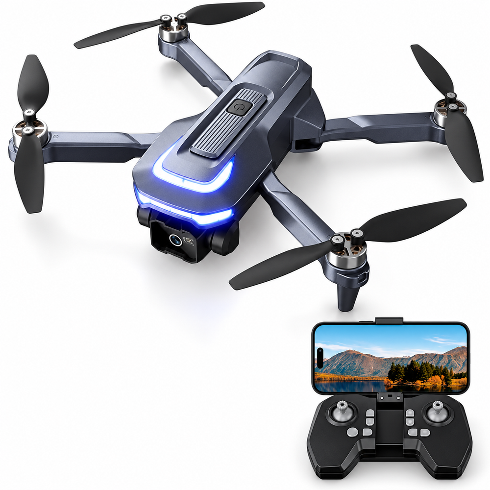 Dark folding 1080P brushless camera drone with its phone-mounted RC controller shown at bottom right.