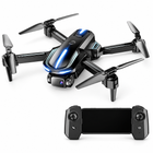 Black foldable 1080P camera drone with matching phone-mount controller on a white studio background