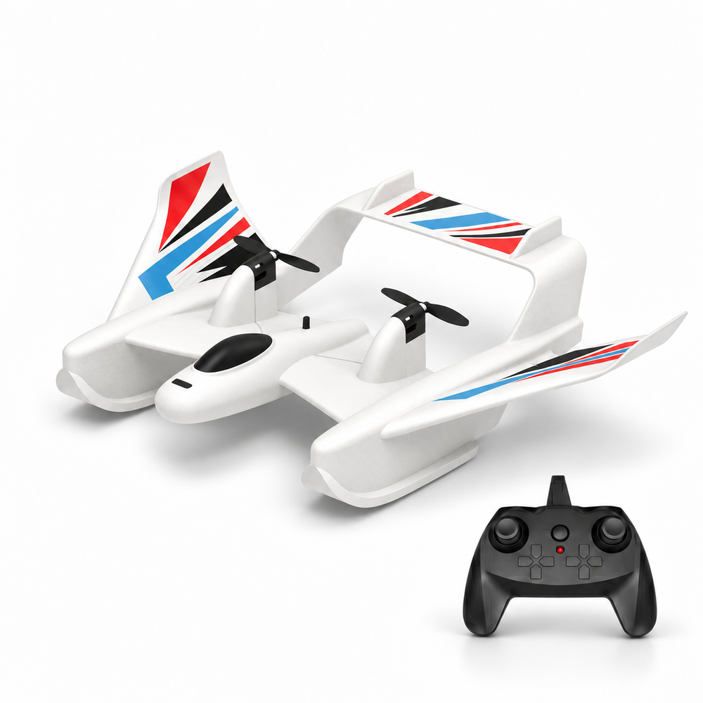 Amphibious RC plane boat with its remote controller on a white studio floor