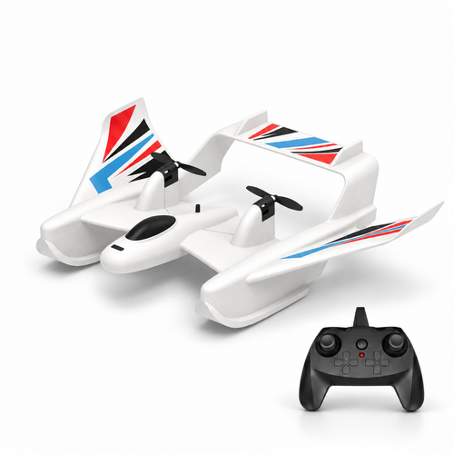 Amphibious RC plane boat with its remote controller on a white studio floor