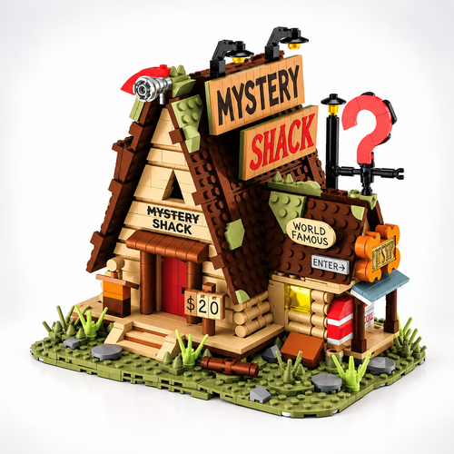 1125PCS Mystery Cabin Building Blocks Street View Model Set on white gradient background - no loose pieces