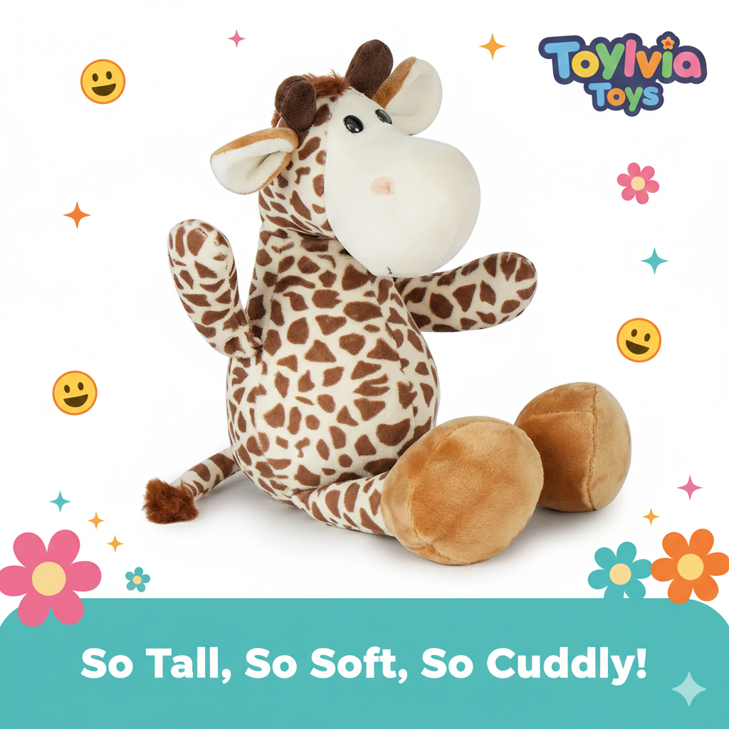 Plush giraffe toy with smiling faces and flowers on a white background, featuring Toyivia Toys branding. Main image