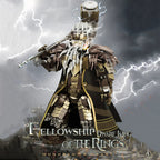 Futuristic warrior figure with stormy background and 'The Fellowship of the Rings' text.