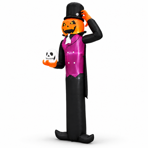 12-foot inflatable pumpkin man holding a skull standing on a white studio floor with a soft contact shadow beneath its feet
