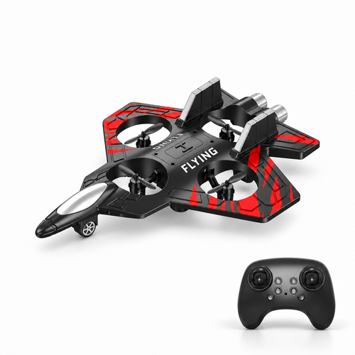 RC EPP foam stunt fighter drone with its remote controller on a white studio floor