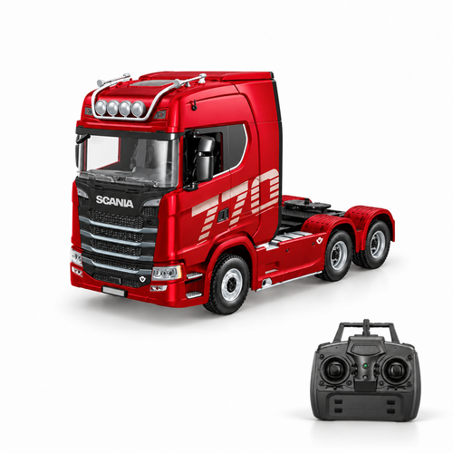 Huina 1:18 RC Scania 770 tractor truck with its remote controller on a white studio floor
