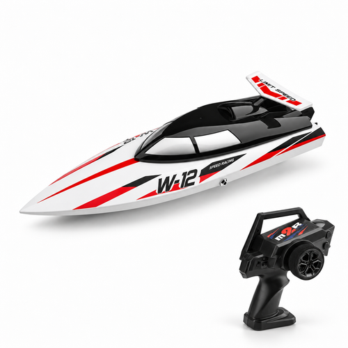 WL912-A RC racing speedboat with its pistol-grip remote controller on a white studio floor