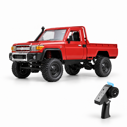 MN82S LC79 RC crawler pickup with its remote controller on a white studio floor