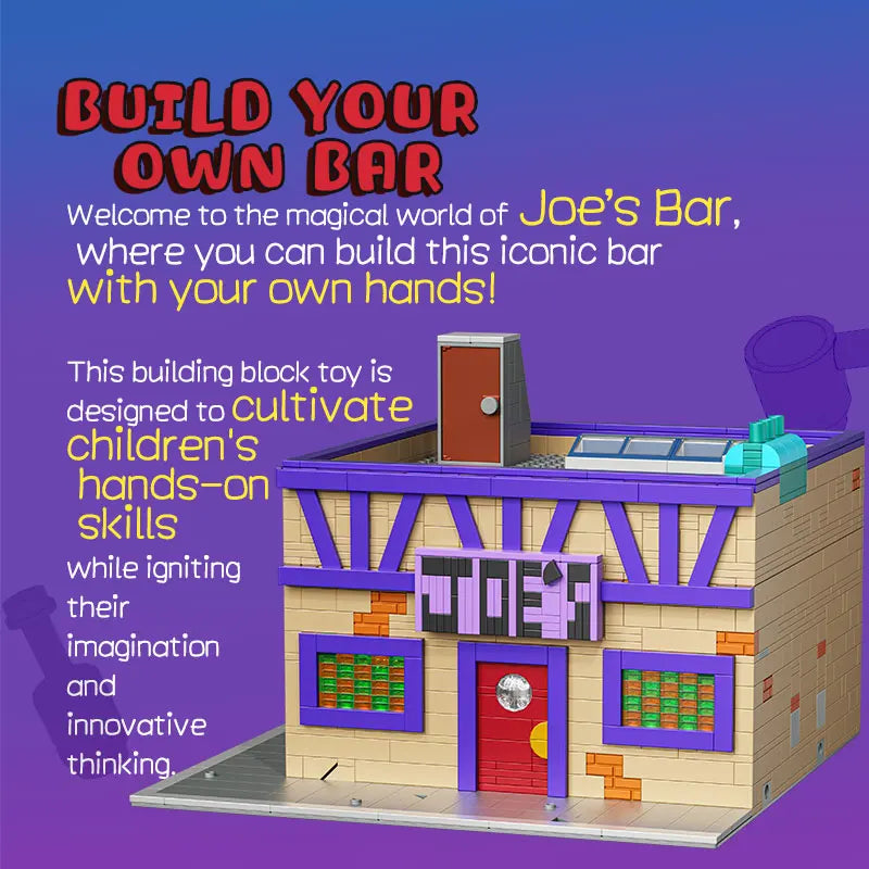 Toy bar building set with text on a purple background