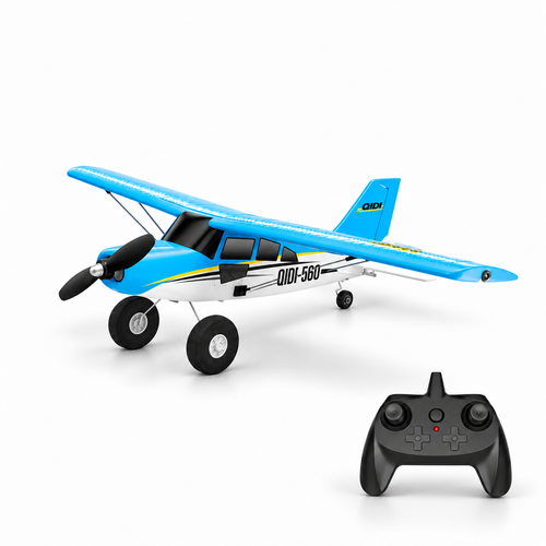 QIDI 560 Moore M7 RC off-road plane with its remote controller on a white studio floor