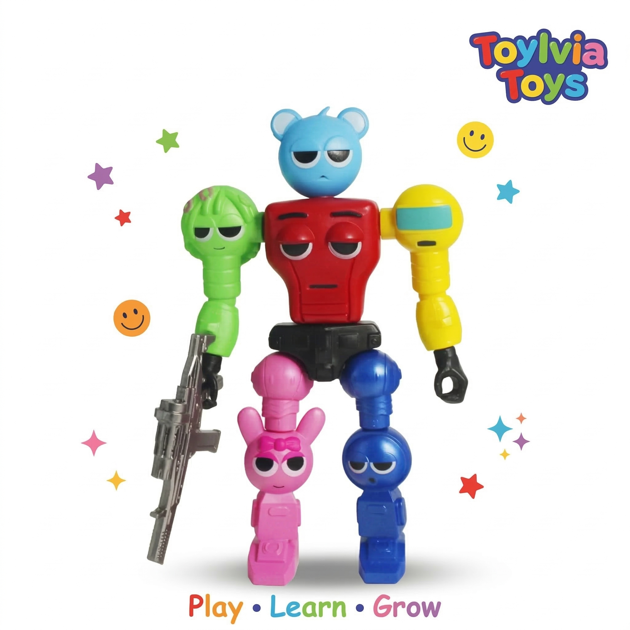 Colorful toy figures with a red central figure and various smaller figures on a white background, featuring the Toylivia Toys brand. Main image
