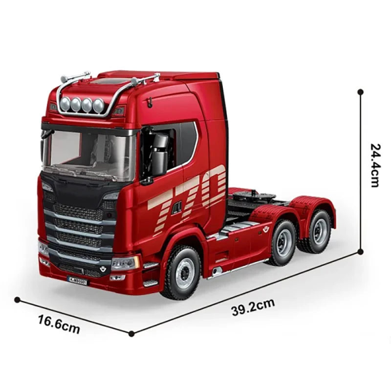 Red truck model with dimensions indicated on a white background