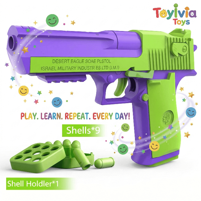 A purple and neon green plastic toy gun styled after a Desert Eagle, featuring "Toylvia Toys" branding. Main image