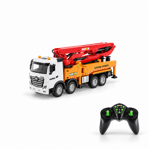 Huina 1381 RC concrete pump truck with its remote controller on a white studio floor