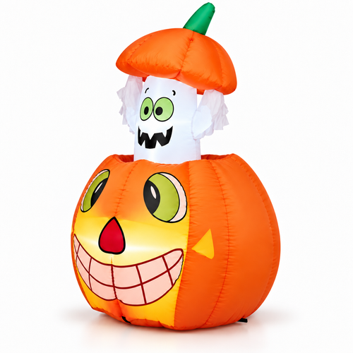 2.8FT Halloween Inflatable Animated Pumpkin Ghost LED Decor viewed three-quarter left on white