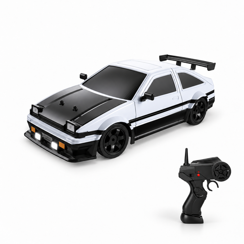 AE86 RC drift car with its remote controller on a white studio floor