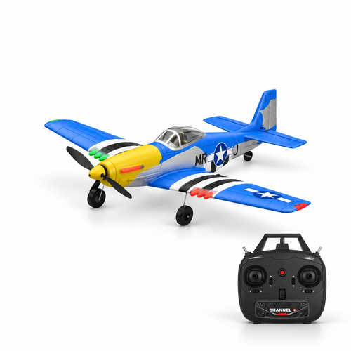 P51 Mustang RC fighter plane with its remote controller on a white studio floor
