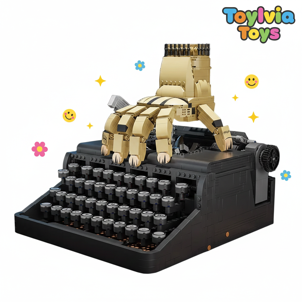 Toy typewriter with robot legs on a white background, featuring the Toylovia Toys brand.