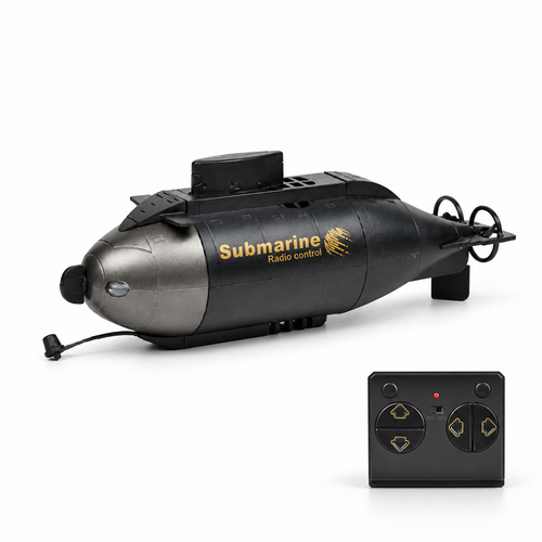 Mini wireless RC submarine with its remote controller on a white studio floor